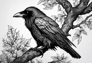 raven perched on branch tattoo idea