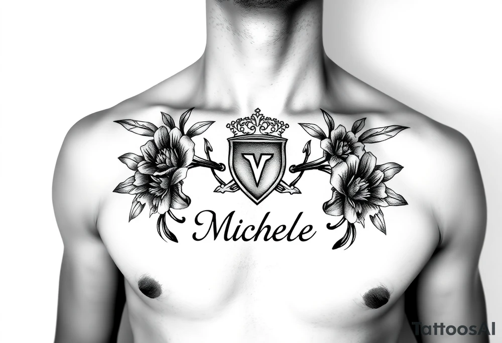Claddagh with the name Michelle on the chest. Irish flowers tattoo idea