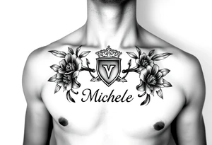 Claddagh with the name Michelle on the chest. Irish flowers tattoo idea