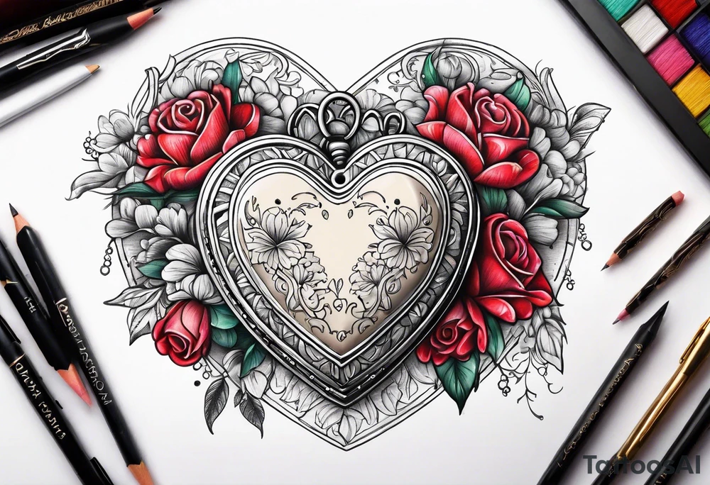 heart locket with flowers tattoo idea