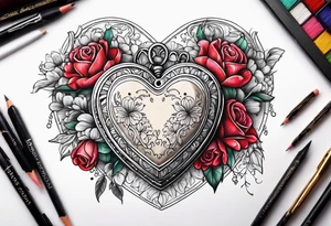 heart locket with flowers tattoo idea