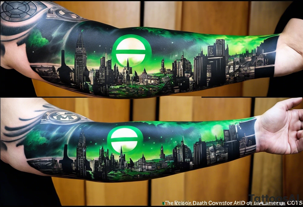 Full arm sleeve tattoo extending from shoulder to wrist featuring the Superman shield, Batman emblem, Green Lantern Corp emblem, Star Wars Rebel Alliance emblem, the Death Star. I'd like the area filled around to resemble landscape and architecture from Lord of the Rings tattoo idea