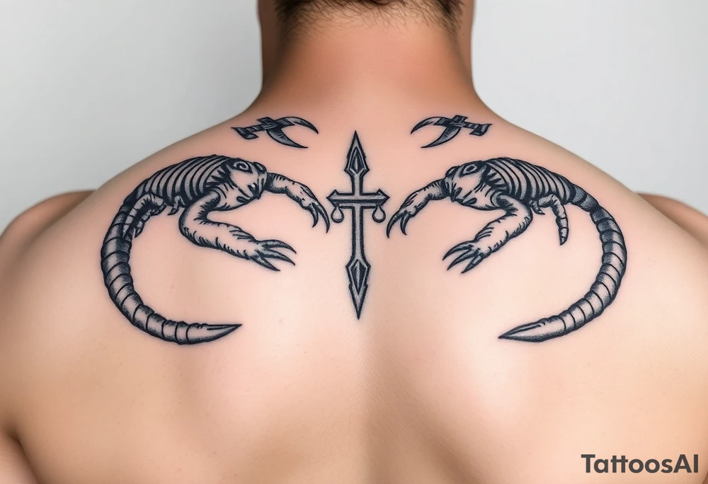 Dos poderosos escorpiones trepando por el cuerpo de la señora de la justicia tattoo idea