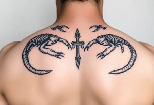 Dos poderosos escorpiones trepando por el cuerpo de la señora de la justicia tattoo idea
