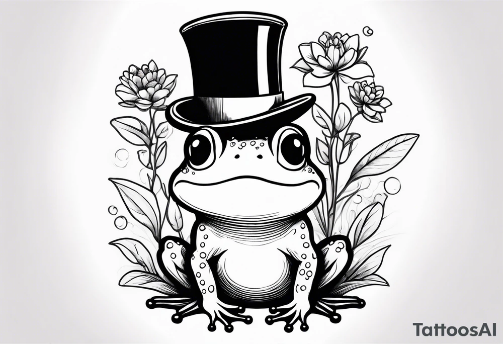 Cute Frog smiling wearing top hat and a suit standing on its Back legs while holding flowers tattoo idea