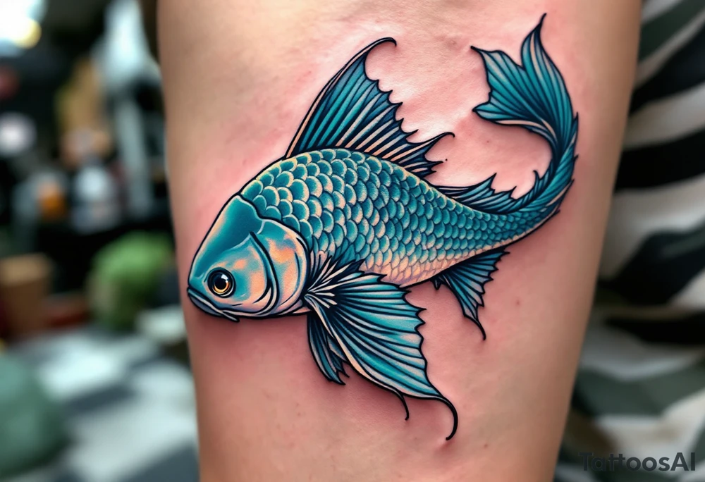Catfish in Motion – A sleek, dynamic catfish swimming in an S-curve, with silvery-blue scales, accented by soft teal fins and rippled water lines in the background. tattoo idea