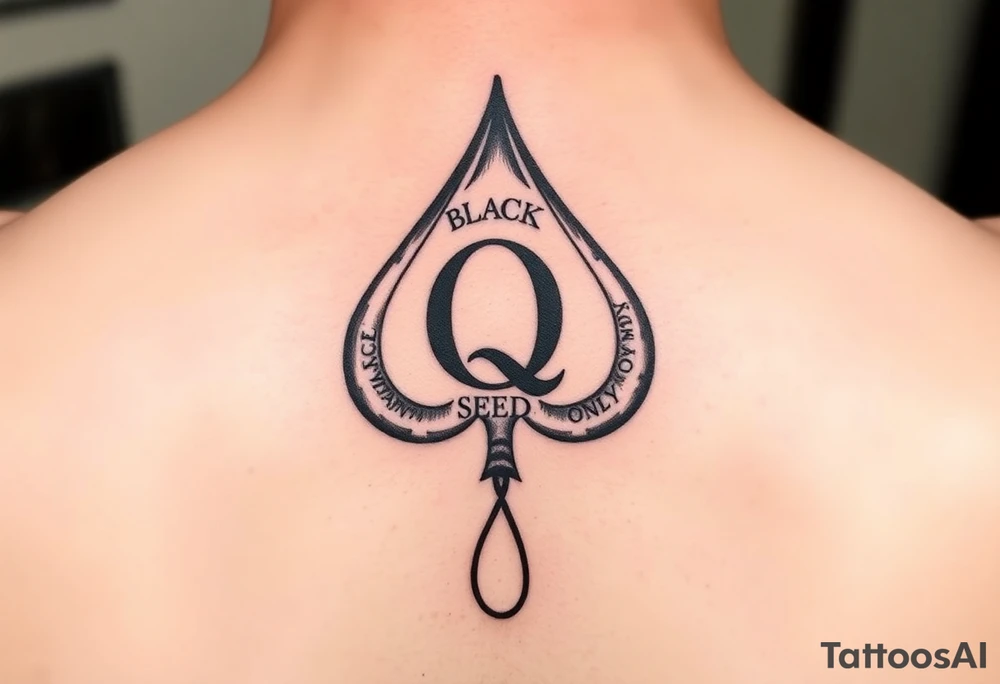 A spade womb tattoo with a Q in the center, with three points around the outside. The first reading, "BLACK". The second reading, "SEED". The third reading, "ONLY". A wiggling tail at the bottom of the spade. tattoo idea