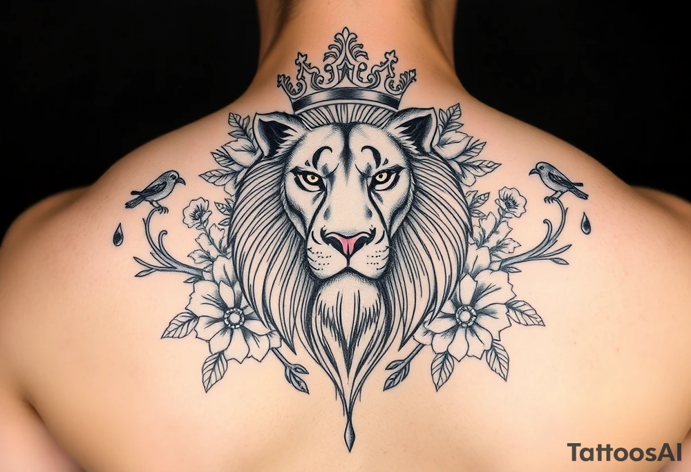 powerful majestic lion with a crown, surrounded by floral ornaments and birds tattoo idea