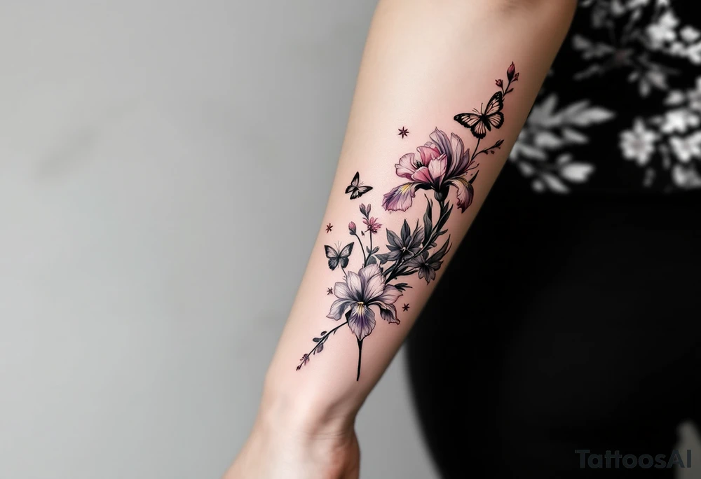 on forearm with Irises flowers, cherry blossom and a little butterfly tattoo idea