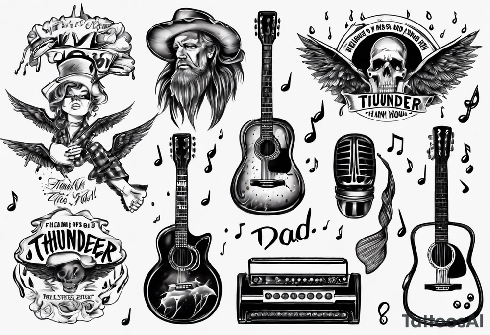 Music, guitar, harmonica, Dad, thunder and rain, love miss you lyrics tattoo idea