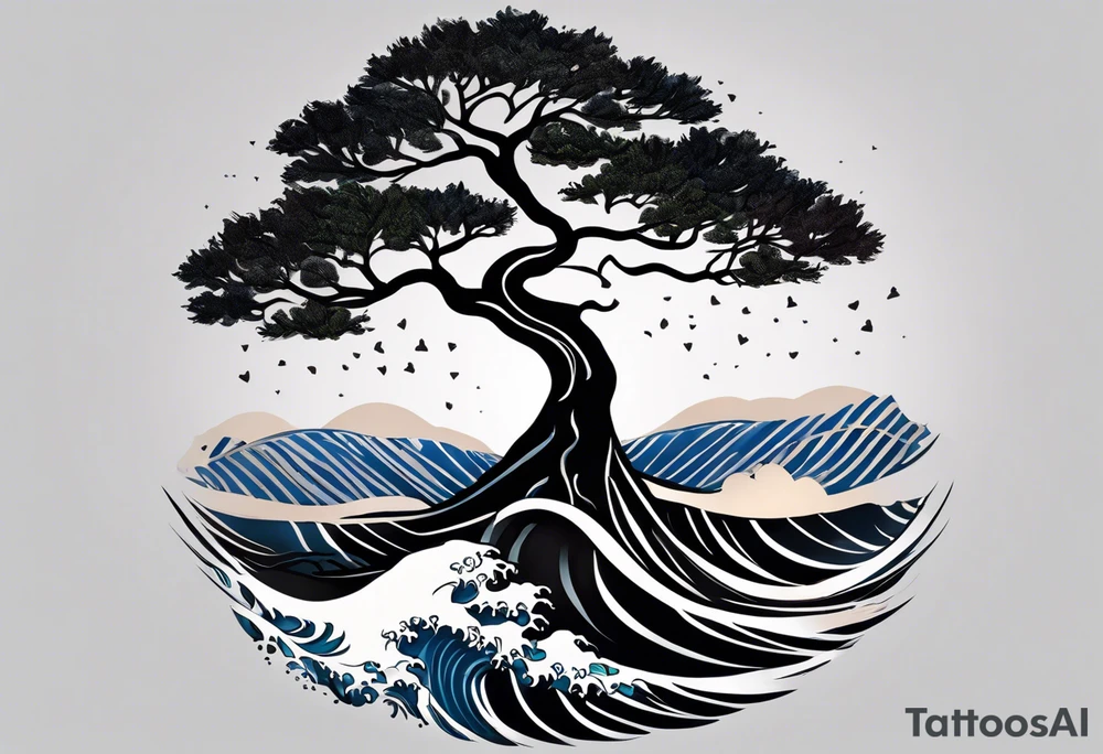 A tattoo of an abstract Tree of Life tattoo to be placed directly on the bicep of a woman. It can wrap around the arm a little. It should have roots growing out of the bottom. The roots slowly turn into water from the Great Wave by Hokusai. A golf flag should be placed discreetly growing out of the ground. 2 license plate tags should be hanging from the tree. Place a few music notes in the areas the leaves should be. The letters A U should be engraving into the tree trunk in a heart. tattoo idea