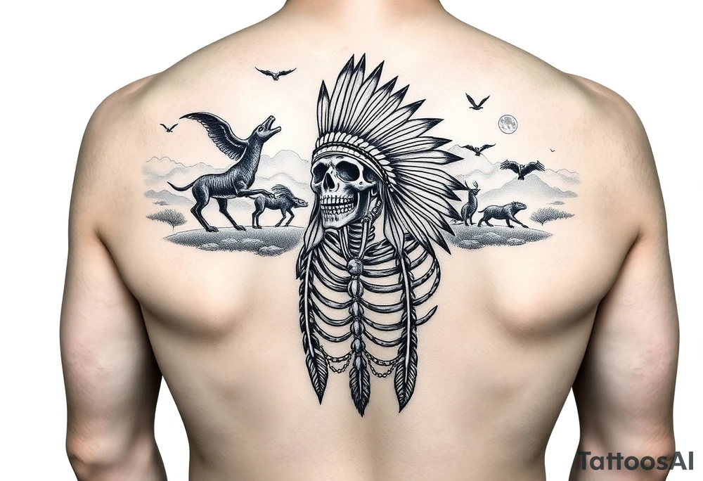Traditional cherokee chief skeleton with spirit animals in the sky and moon and hazy clouds in the backdrop tattoo idea