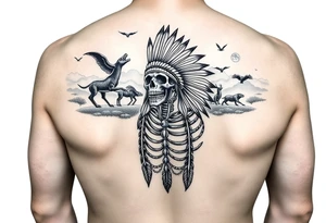 Traditional cherokee chief skeleton with spirit animals in the sky and moon and hazy clouds in the backdrop tattoo idea