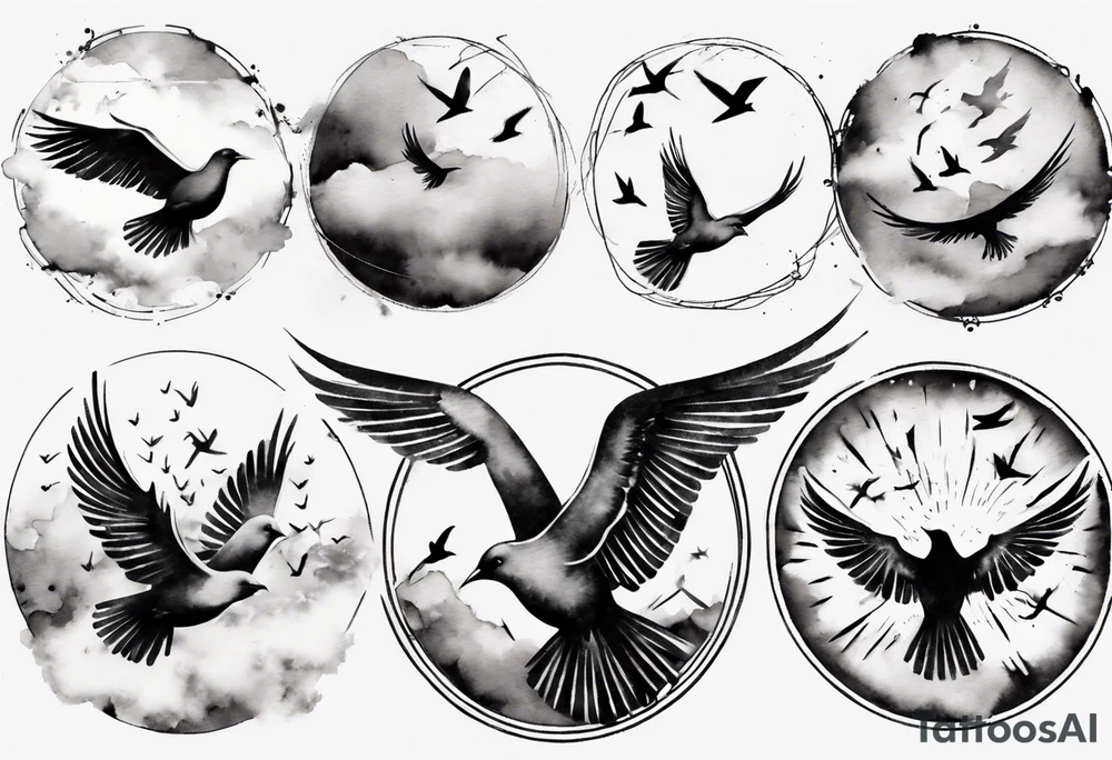 shoulder tattoo with light rays with birds flying free among the clouds, round shape, 3d effect tattoo idea