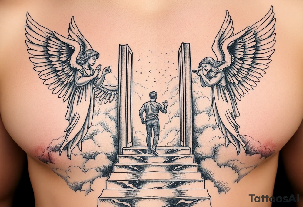 Too strong maleangels holding open the gates of heaven with the male figure walking up the steps.Saying fly high baby boy Realistic angels With clouds in the background and I won't text that I fly hi.Gh baby boy chess fully covered tattoo idea
