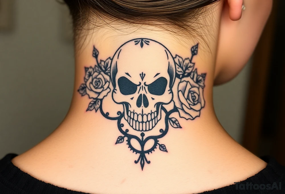 gothic skull intertwined with climbing roses and thorny vines tattoo idea