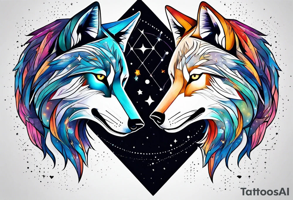 Constellation, two animal wolf, géométric tattoo idea