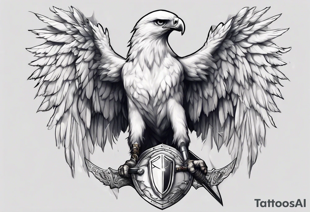 A white hawk with a sword and shield tattoo idea