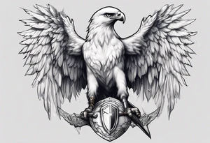 A white hawk with a sword and shield tattoo idea