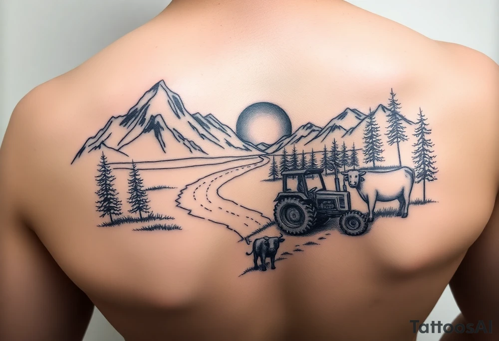 mountian, river, tractor, cow, sunset tattoo idea