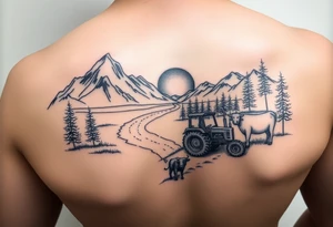 mountian, river, tractor, cow, sunset tattoo idea