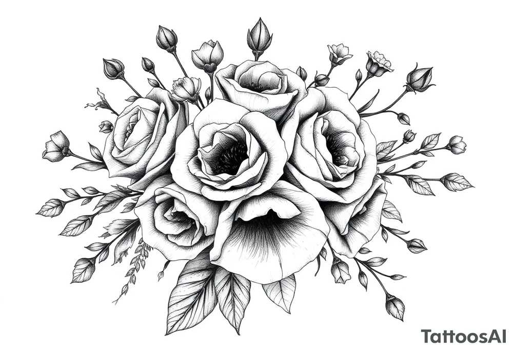 vintage bouquet of wild roses and meadow flowers with morning dew tattoo idea