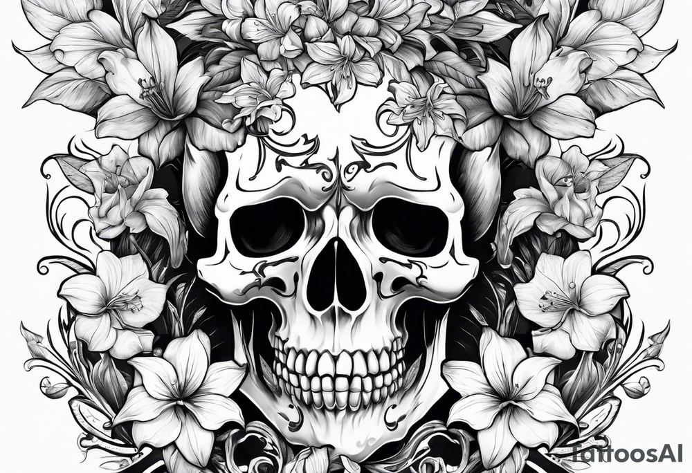 A Bulls skeleton head with lily if the valley flowers growing out of eyes tattoo idea