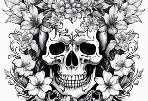 A Bulls skeleton head with lily if the valley flowers growing out of eyes tattoo idea