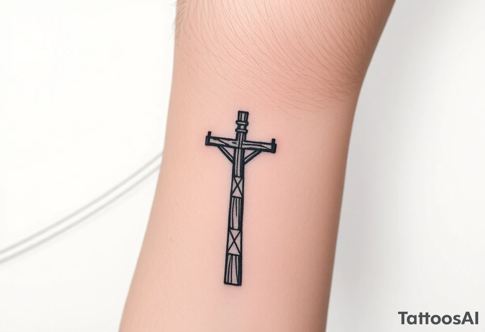 a wooden 12kv distribution pole with electrical lines. Make the pole a cross that has a hidden resemblance to god. tattoo idea