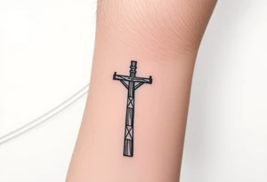 a wooden 12kv distribution pole with electrical lines. Make the pole a cross that has a hidden resemblance to god. tattoo idea