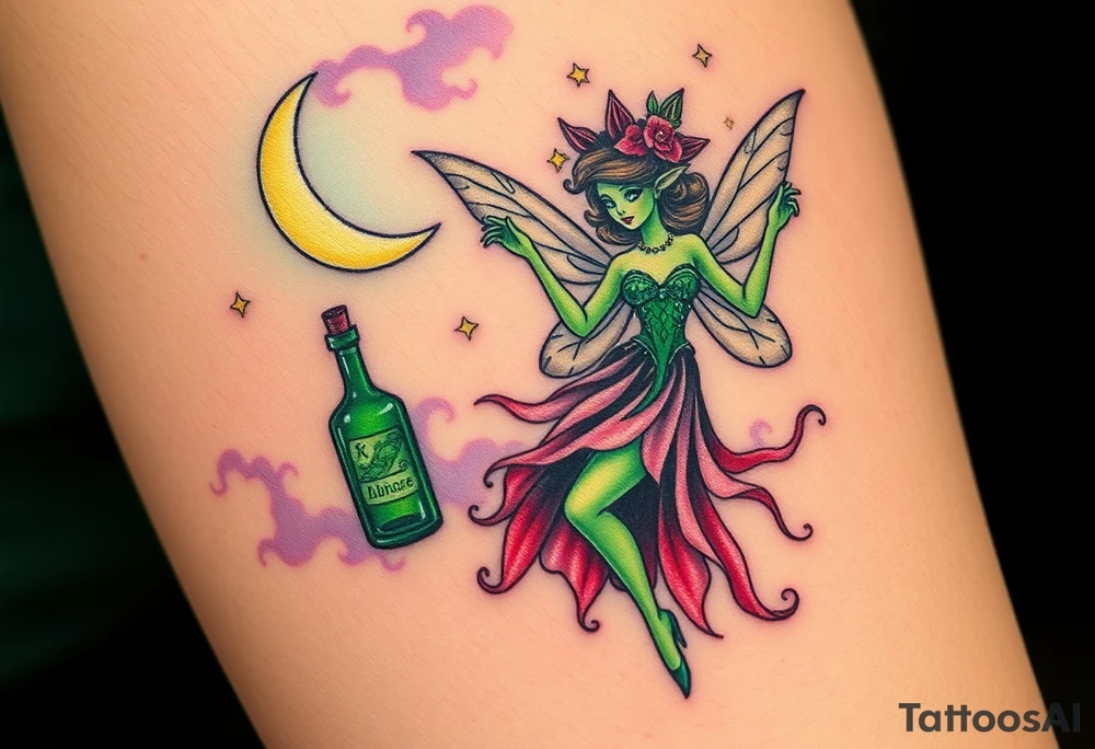 Tim Burton’s pin up style Vintage Parisian elegant and hauntingly beautiful yet eerie full body absinthe Green Fairy dances outside her victorian crystal decatur absinthe bottle Absinthe Art Nouveau   and dripping with muted reds, dusty pinks, and eerie green glow.purple and cyan smokey clouds swirl in the crescent moonlit sky thats sprinkled with stars tattoo idea