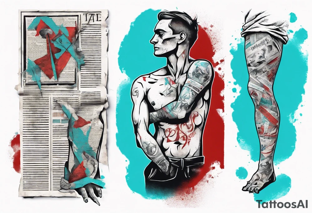 an art showing a newspaper on the leg and shoulder, old ritual, in the style of abstract portraits, textured pigment planes, red and cyan, stencil art, gothic romanticism, full white background <https://s.mj.run/gUiE1vI_8x0> tattoo idea