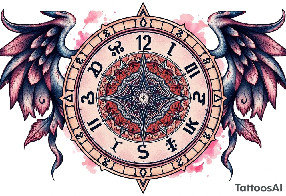 zodiac symbols runes within ornate clockwork mechanism tattoo idea