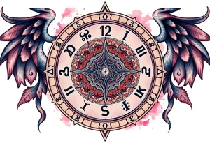 zodiac symbols runes within ornate clockwork mechanism tattoo idea