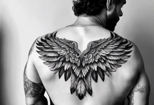 wings tattoo extending from a mens shoulders, covering the upper arms and upper back. The feathers are intricately detailed, with soft shading in black and gray to create depth and texture. tattoo idea