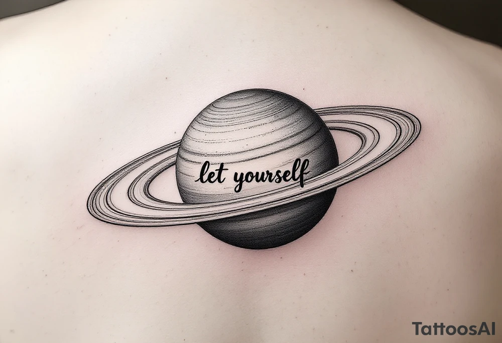 Minimalistic saturn planet, but the text «let yourself» is placed inside saturns rings tattoo idea