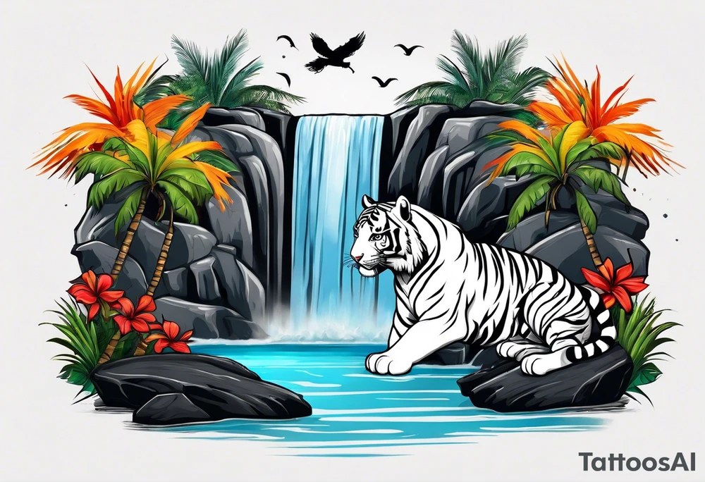 A white tiger and black tiger on opposite sides of a waterfall with an calligraphy ink container at the top and the Bahamian and Jamaican flag on opposite sides. tattoo idea