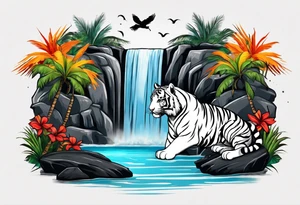 A white tiger and black tiger on opposite sides of a waterfall with an calligraphy ink container at the top and the Bahamian and Jamaican flag on opposite sides. tattoo idea