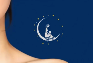 A mother and child sitting on a crescent moon, surrounded by twinkling golden stars on a deep blue background tattoo idea
