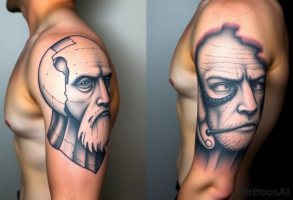 a male half sleeve with assymetric extensions above the elbow and till wrist. showing this sculpture of thanatos from wikipedia on one side and an old poised , calm and confident lio with battle scar over eye , blue eyes and the scar and a few whiskers in white on the other side. realistic style blended to create a bold half sleeve. the sculpture of thanatos is  real, peaceful old sculpture in stone on the wikipedia page with the area of it broken down in dotwork and texture creating depth and detail tattoo idea