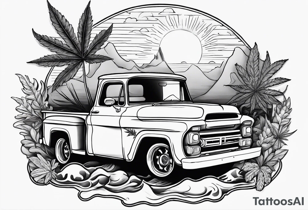 Beach theme, sunset, classic truck, marijuana leaf tattoo idea