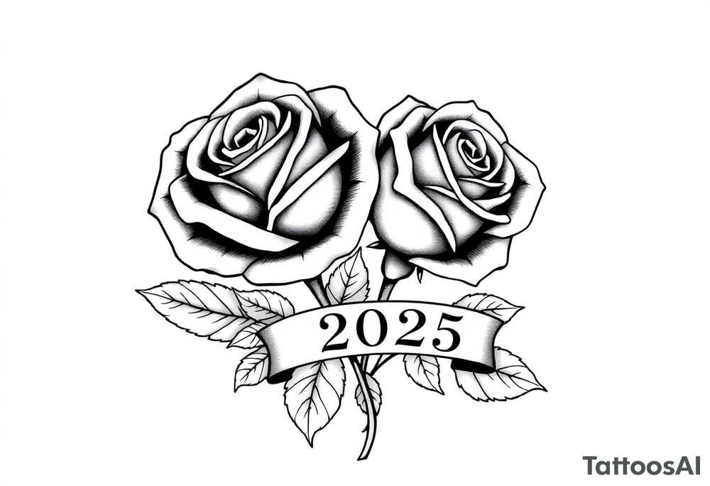two beautiful large rose buds, one larger than the other, with lots and lots of leaves next to the rose buds, with one sitting slightly higher than the other, side-by-side.  Include a banner connecting the two roses with the year 2025 on it.   Use dark outlines with little shading. No stems tattoo idea