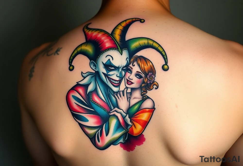 a toxic jester couple holding each other with cheeks being pulled to force smile tattoo idea