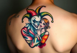 a toxic jester couple holding each other with cheeks being pulled to force smile tattoo idea