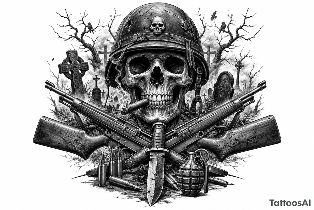 Dark fantasy graveyard, skull in helmet, cigar, crossed rifles, knife, grenade, cartridges. tattoo idea