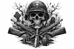 Dark fantasy graveyard, skull in helmet, cigar, crossed rifles, knife, grenade, cartridges. tattoo idea