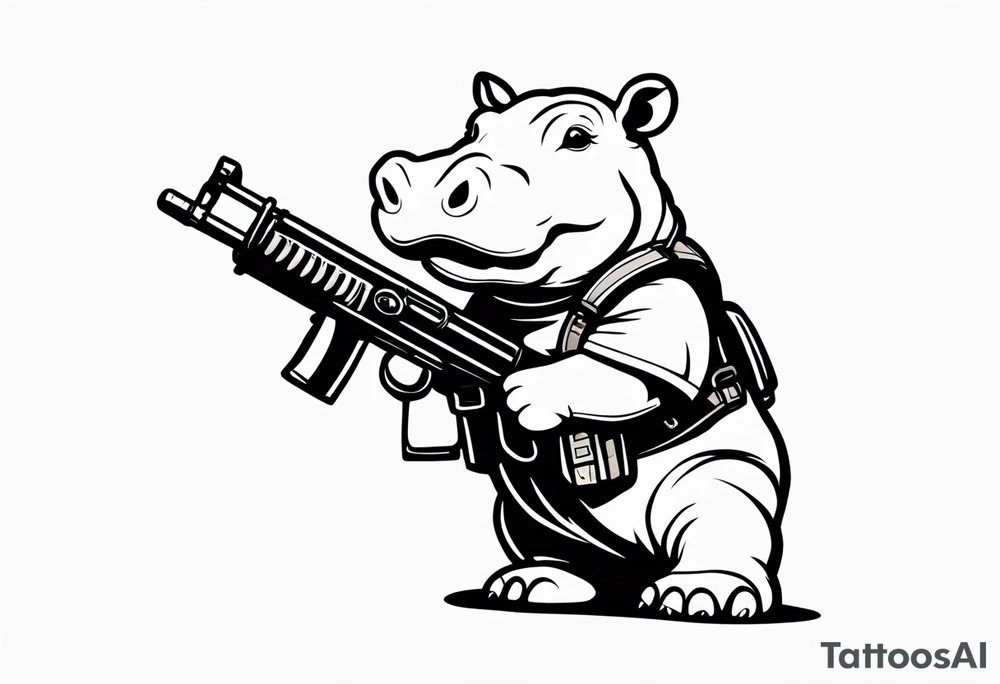 Baby hippo wearing overalls with bandolier over chest and holding a machine gun tattoo idea