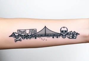 “East Palo Alto” city sign and “Newark” city sign on opposite sides of a bridge going across water in California with skulls and money and  scarface tattoo idea