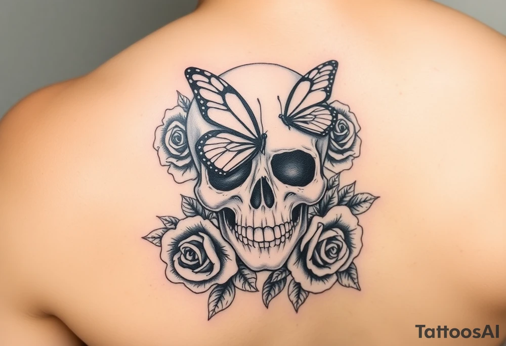 Skull with butterfly in one eye socket surrounded by roses tattoo idea