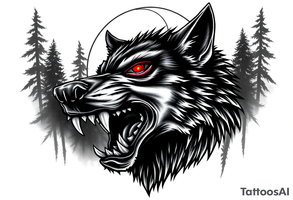 Detailed werewolf muzzle, bared teeth, glowing red eyes, crescent moon behind, dark forest background. tattoo idea